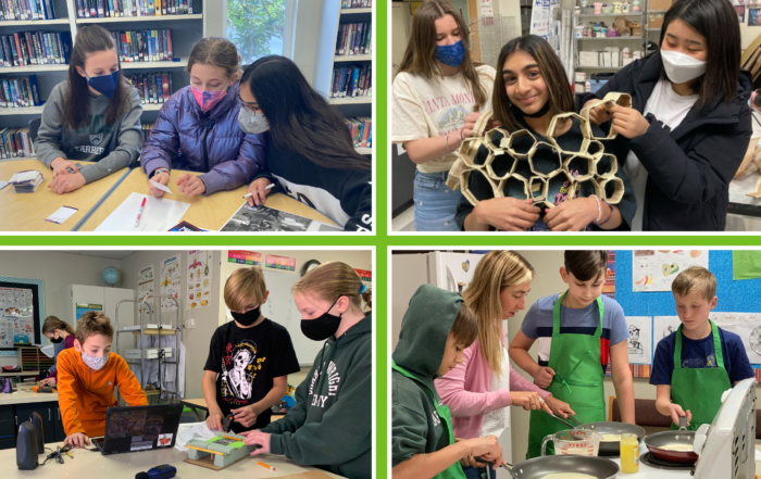 Students participating in school clubs including Puzzle Club (upper left), Independent Art Club (upper right), and Cooking Club (bottom right). Bottom left displays students creating sound shields–an exciting engineering challenge.